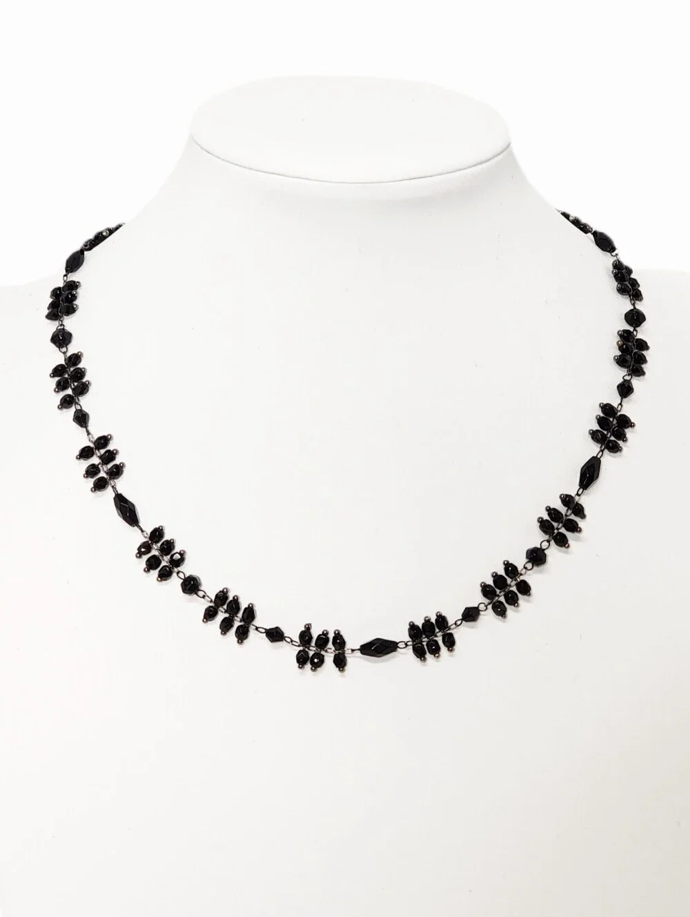 Delicate Faceted Black Beaded Gunmetal Chain Necklace